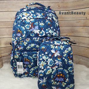 VERA BRADLEY Essential Large Backpack Floral Blue Bursts Lunch Bunch Set New